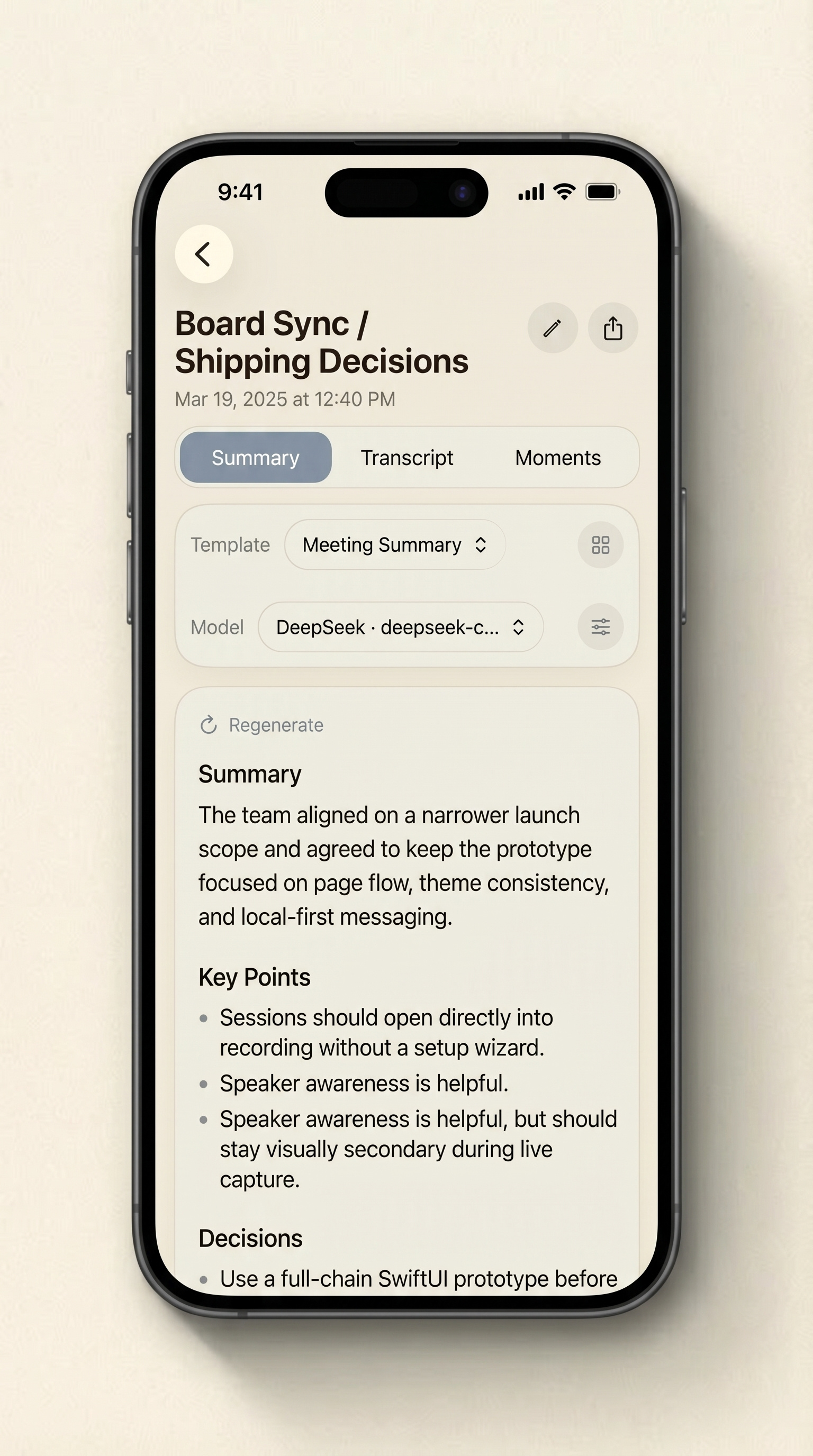 HushNote summary screen